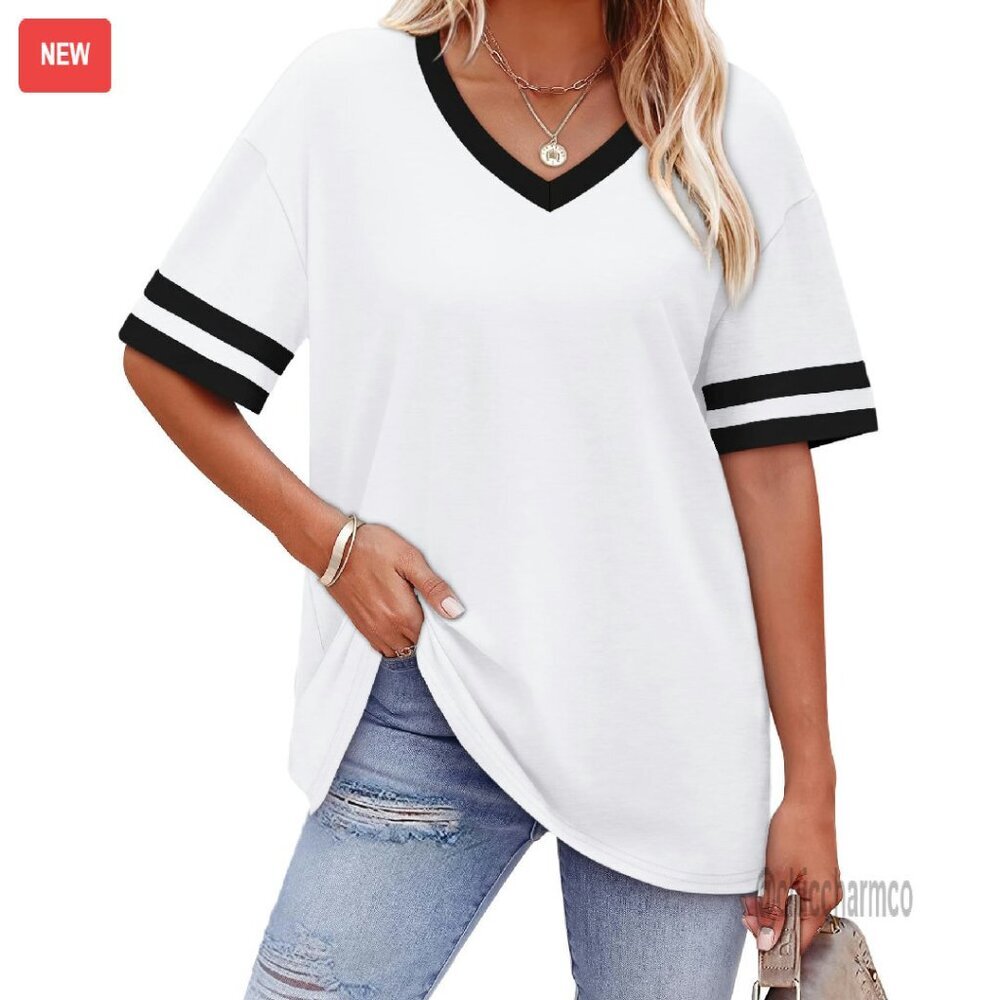 Loose Fit V-Neck Short Sleeve Tee, Color Block, OEKO-TEX Certified